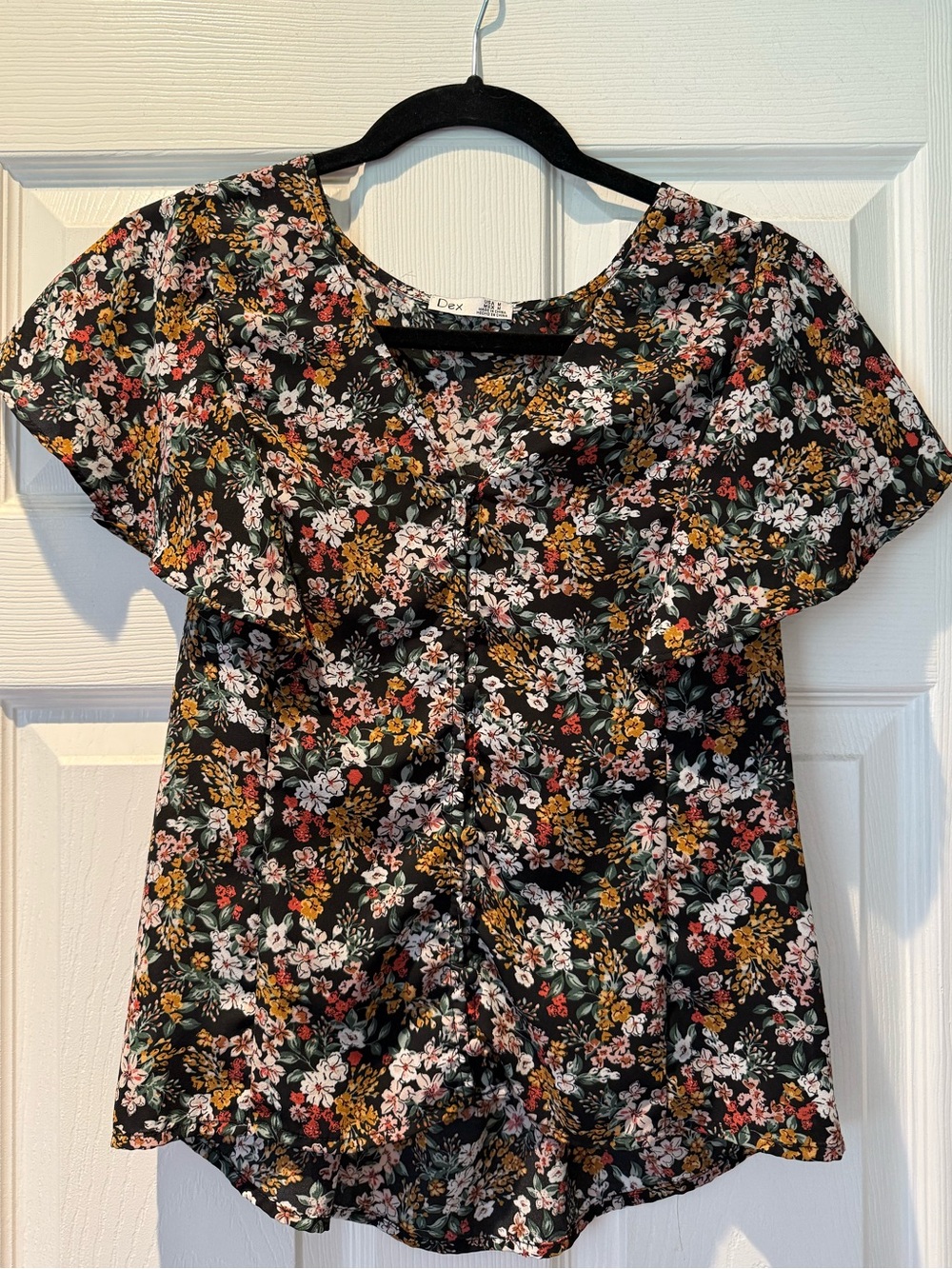 Dex Black Floral Button-Front Short Sleeve Blouse